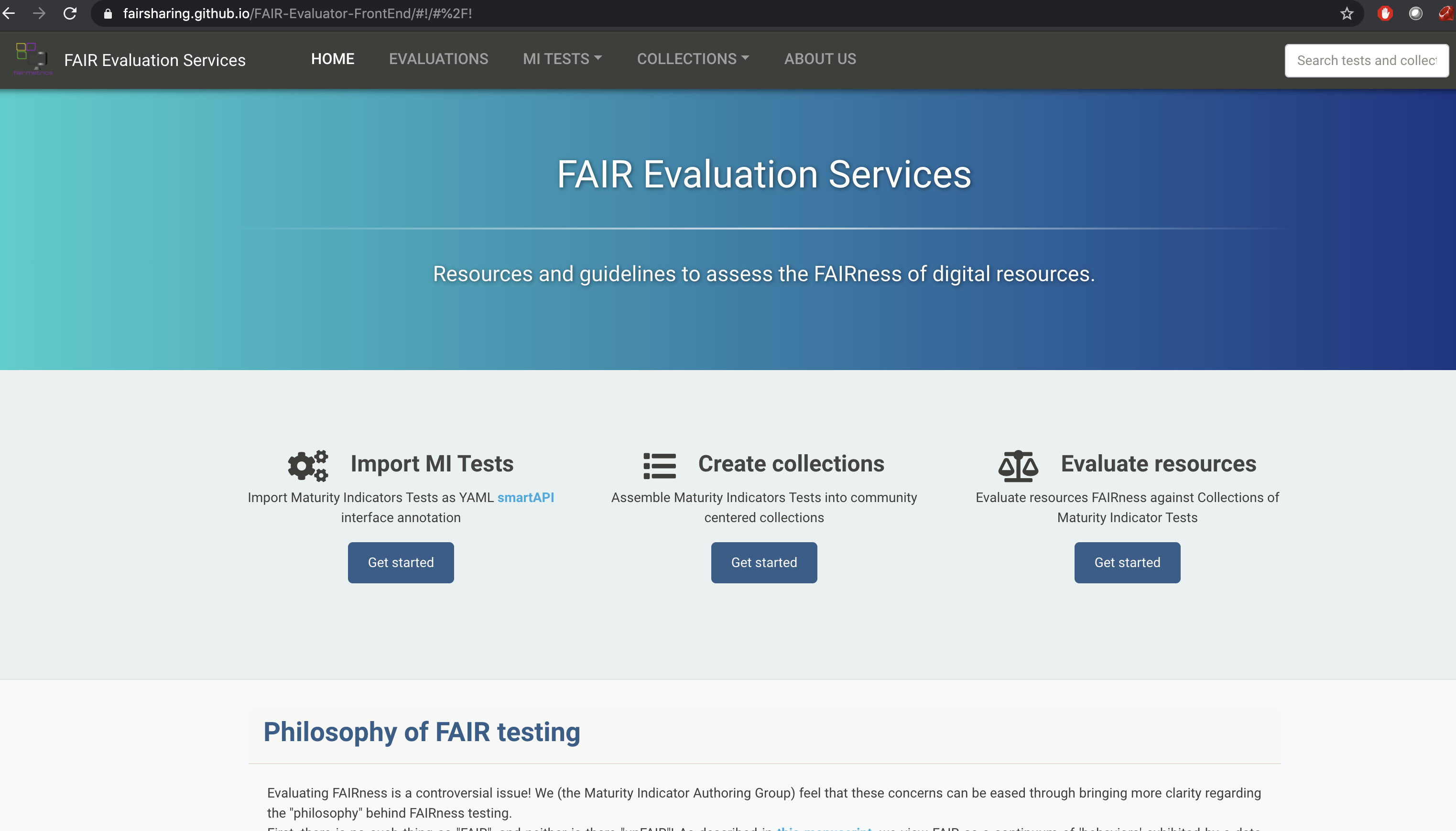 the FAIREvaluator Home page